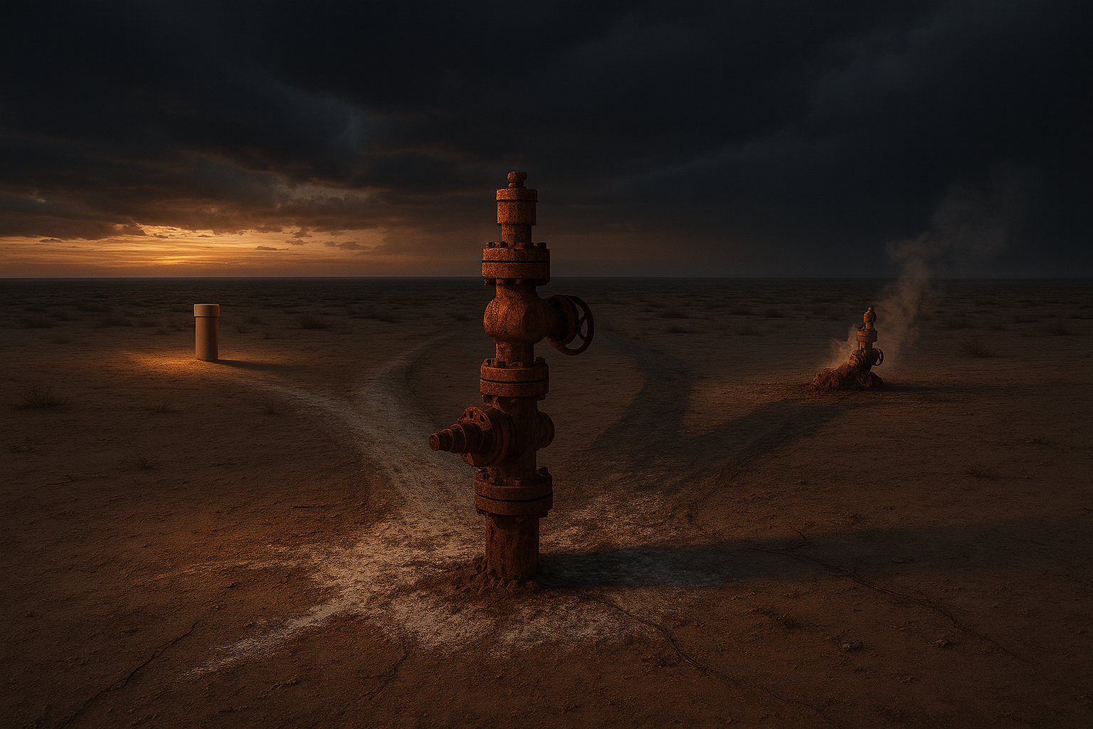 Rusted oil wells at sunrise